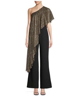 Trina Turk Eastern Luxe Koi Metallic One-Shoulder Jumpsuit Evening Gold Black 12